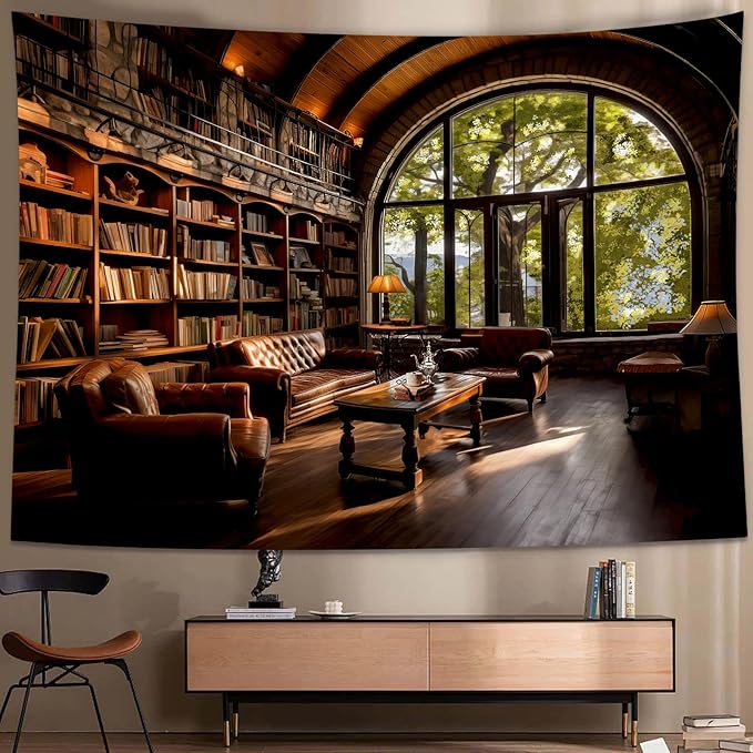 dueeia Book Library Tapestry Wall Hanging Medieval Bookshelf Vintage Window Bookcase Backdrop Wall Decor for Bedroom Aesthetic Living Room Office (28.7"x37.4")