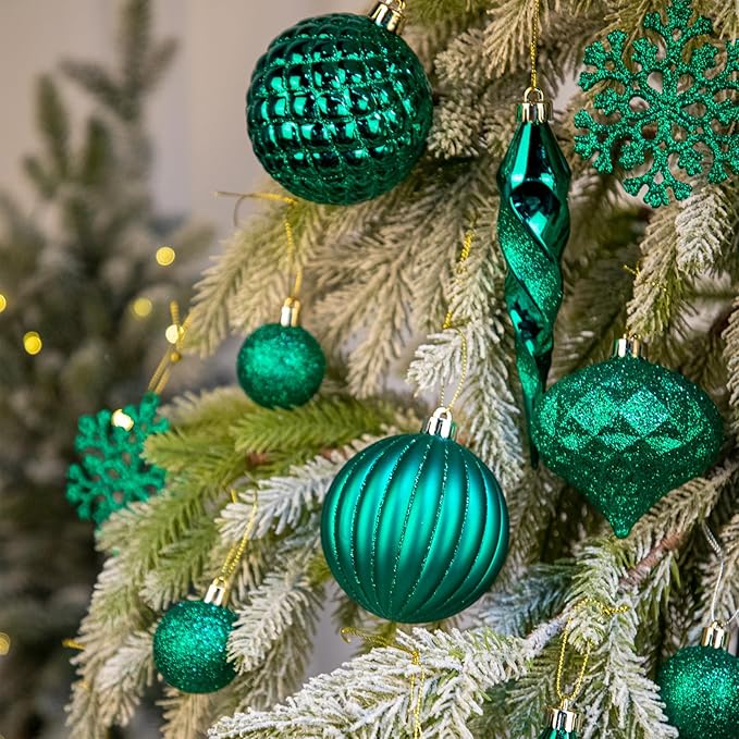 50PCS Christmas Tree Ornaments Set with Shatterproof Balls Icicle Snowflake Hanging Ornaments for Home Office Farmhouse Christmas Decorations, Dark Green