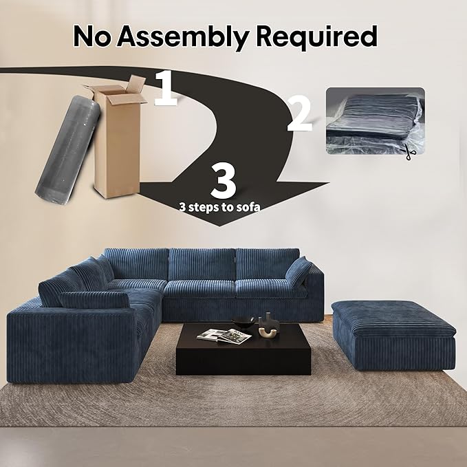 118" 6-Seater Cloud Sofa,Modular Sectional Couch with Ottoman,Modern Deep Seat Upholstered Couches with Plush Corduroy Fabric for Living Room Furniture,Bedroom and Apartment,No Assembly Required,Blue