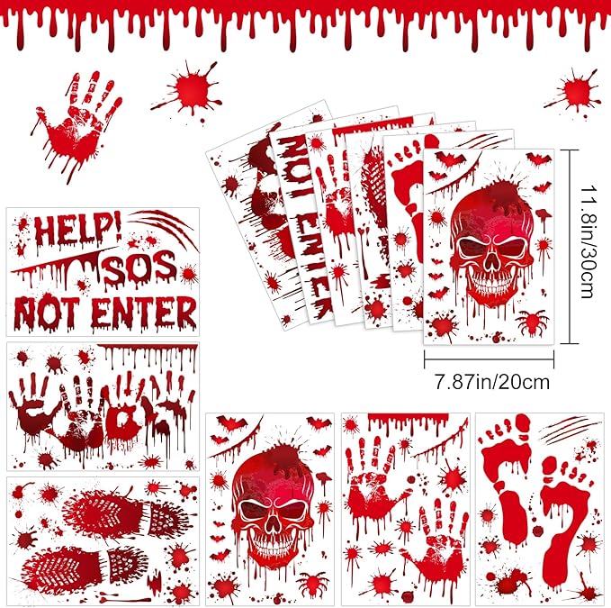 NEBURORA 6 Sheets Terror Bloody Handprint Footprint PVC Window Stickers Spooky Wall Decal and Floor Stickers for Halloween Decorations Party Decorations