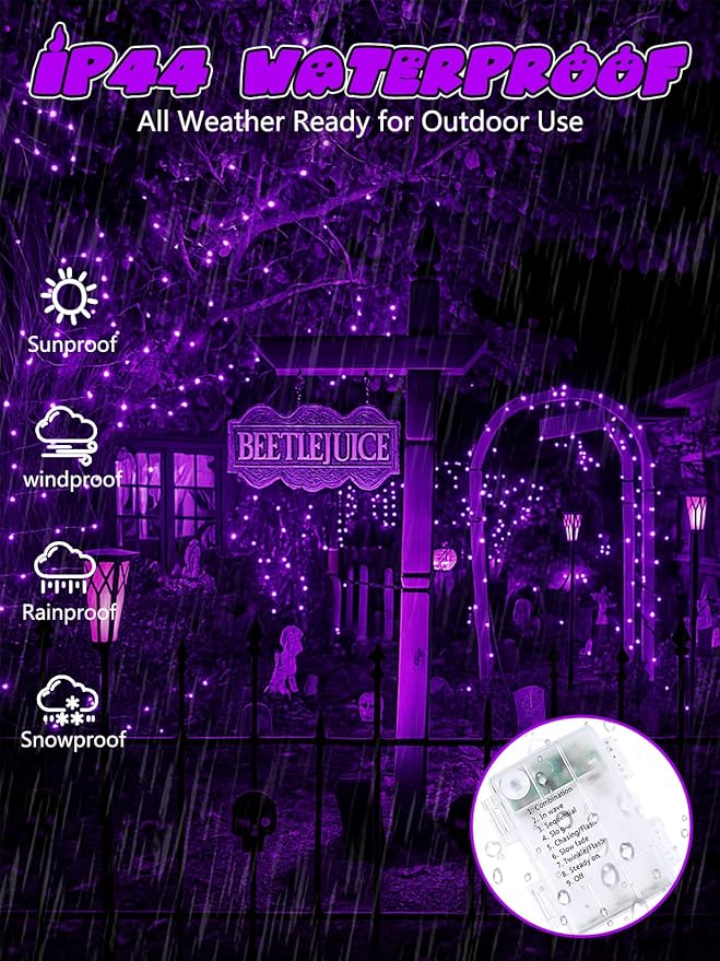 Halloween String Lights Battery Operated with Auto Timer, 33FT 100 LED Waterproof LED Purple String Lights with 8 Modes, Fairy Twinkle Light for Indoor & Outdoor Party Bedroom Halloween Decorations