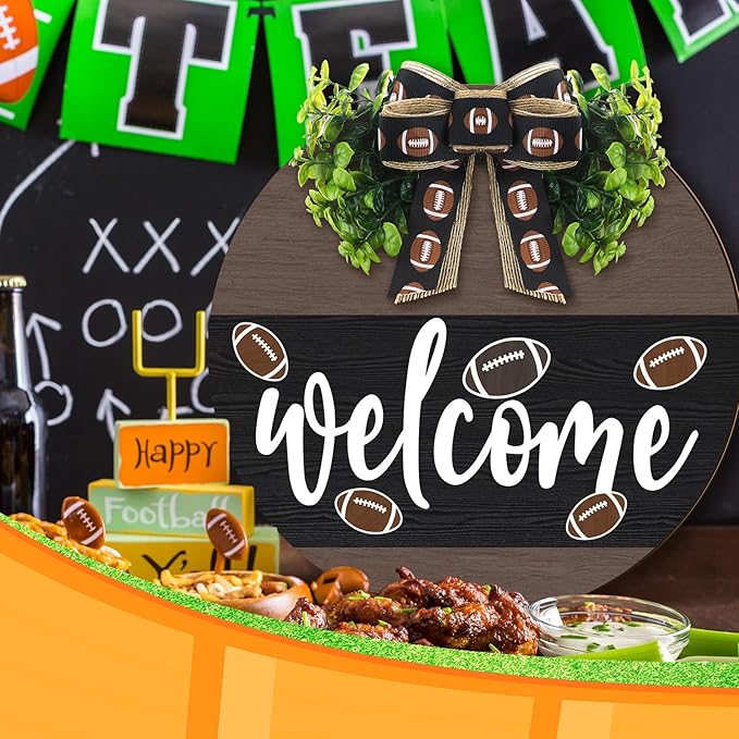 Hello Fall Football Sign for Front Door Thanksgiving Wooden Hanging Sign Fall Welcome Wreaths with Bow Turkey Farmhouse Wall Decoration for Home Autumn Harvest Front Porch Decor(Football)