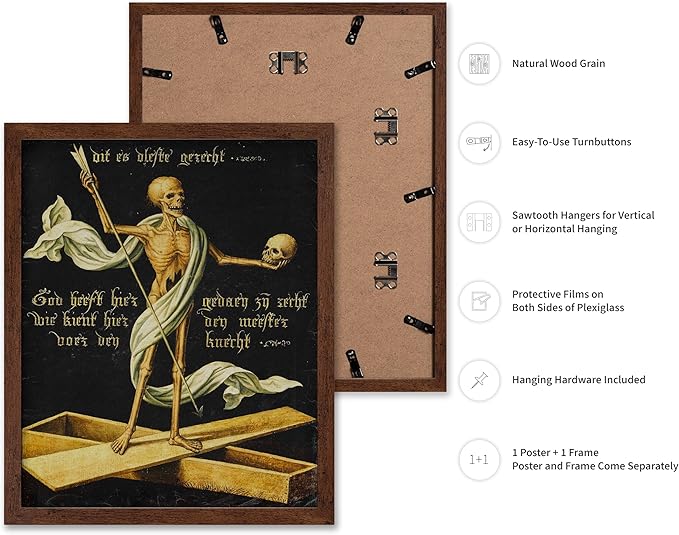 Poster Master Vintage Medieval Poster - Retro Gothic Print - Gift for Artist, Friend - Allegory of Life and Death, Skeleton, Dark, Skull - Wall Decor for Home, Living Room, 11x14 Brown Framed