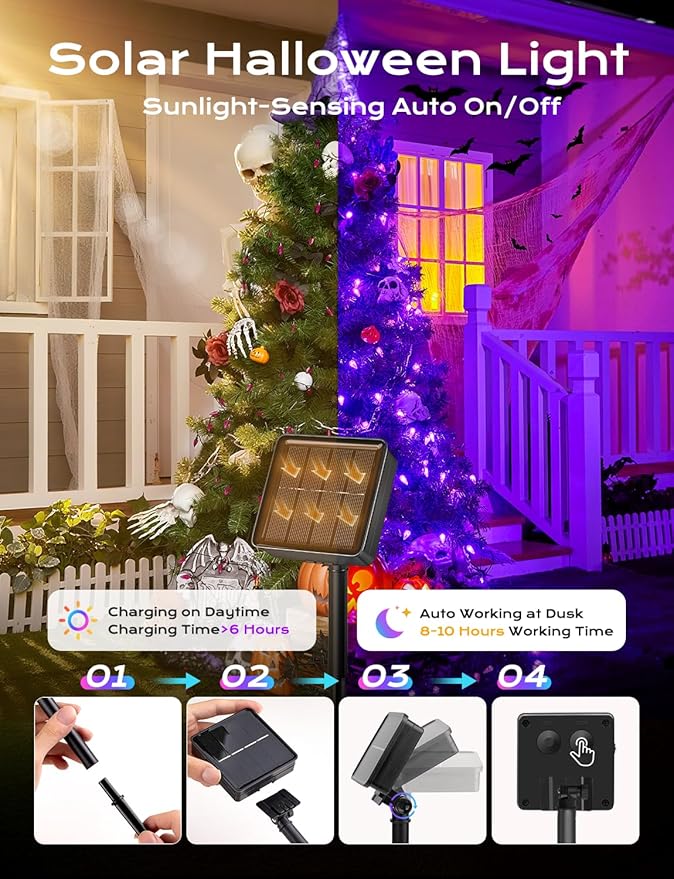 Brightown Solar Operated C6 Halloween Outdoor Lights, 22.64ft 50 LEDs Purple Halloween Lights, Strawberry LED Fairy Lights, Solar Waterproof String Light for Tree, Garden Decor Outdoor Decorations