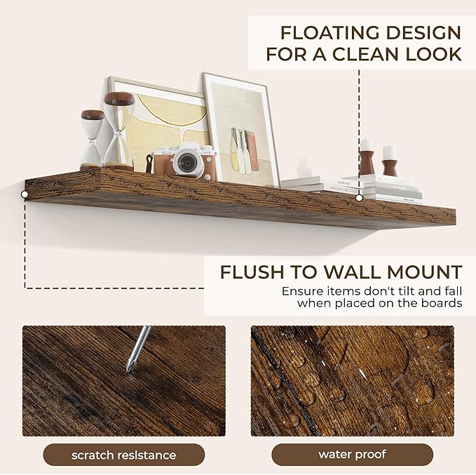 RICHFOCUS 55Inch Floating Shelves for Wall 2 Pack Shelves for Bedroom|Kitchen|Bathroom Wall Mounted Rustic Wood Floating Shelf with Invisible Brackets for Books|Storage|Decor, Rustic Brown