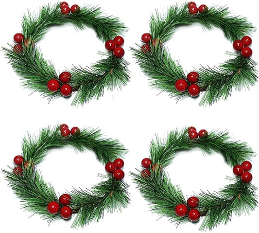 4pcs Christmas Candle Rings Wreaths Artificial Red Berries Greenery Pine Needles Garland Wreaths Candle Rings Holder for Wedding Table Centerpiece Home Dinner Table Decor