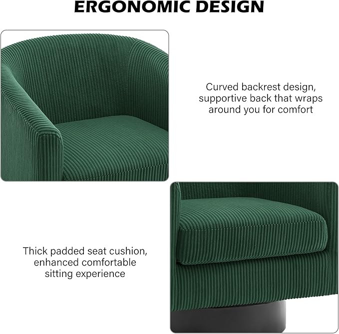 Swivel Barrel Accent Chair, Modern Round Corduroy Fabric Arm Chair for Living Room, Bedroom, Comfy Club Reading Chairs for Adults (Corduroy Dark Green, Set of 2)