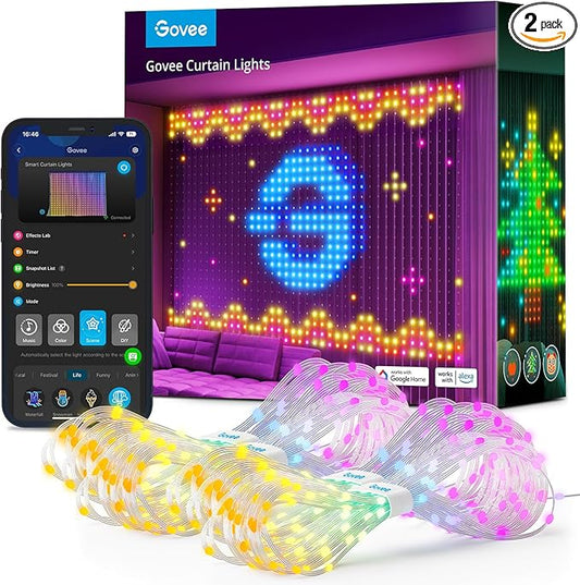 Govee Curtain Lights, Smart LED Window Lights, RGB Color Changing Wall Light, Dynamic DIY Curtain String Lights for Bedroom Holiday Decor, Outdoor IP65 Waterproof, 5 x 6.6ft, 520 RGBIC LEDs, 2 Pack