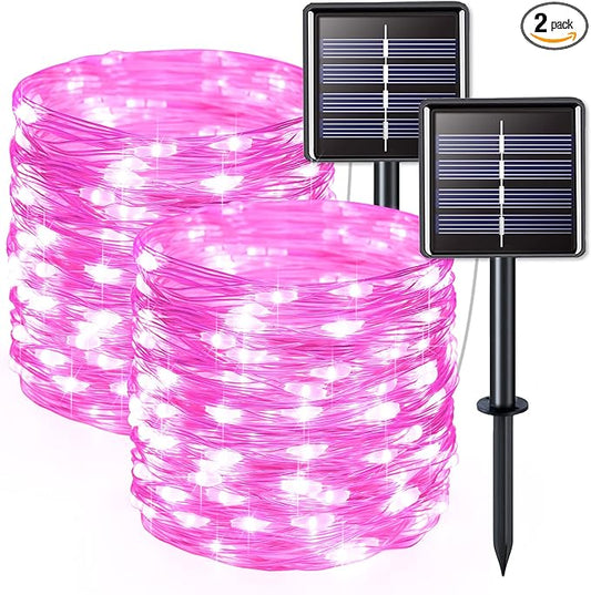 JMEXSUSS 2 Pack Solar Fairy Lights, 33ft 100 LED Pink Outdoor Waterproof, 8 Modes String Lights for Outside Garden Patio Party Decorations