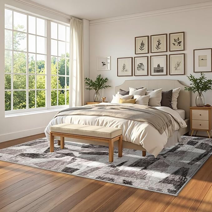 Modern Abstract 5X7 Area Rug for Living Room Bedroom Washable, with Non-Slip Rubber Backing Print Faux Wool Thin, Grey Throw Large Carpet for Kids Playroom Dining Room Pet & Child Friendly