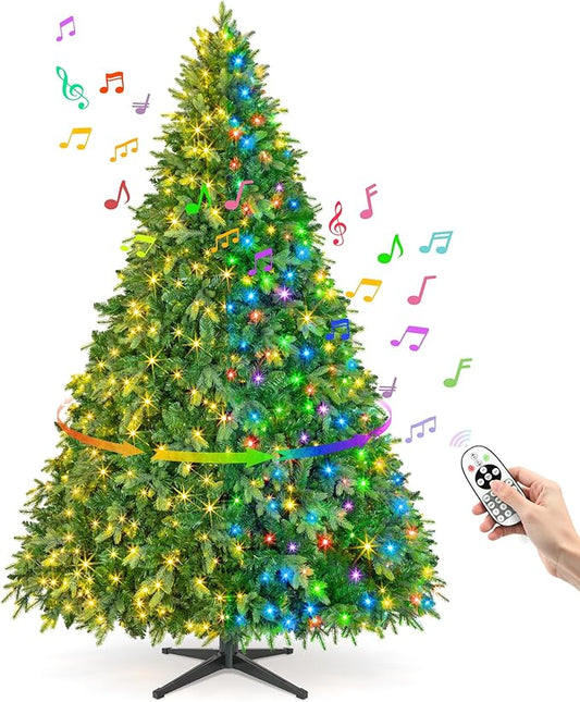 7.5FT Pre-Lit Christmas Tree with Remote Control, Multi-Color LED Lights, Musical Rotating Christmas Tree Stand, Easy Assembly in 3 Sections, Foldable Metal Stand for Home Holiday Decor