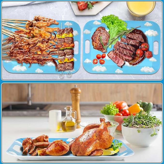 2Pcs Sky White Cloud Serving Trays with Handles 16 x 11 Inch Large Melamine Tray Cartoon Story Serving Platters, Toy Inspire Game Birthday Party Supplies for Serving Food Outdoor Dinner Dessert Plates
