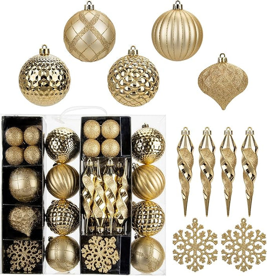 50PCS Christmas Tree Ornaments Set with Shatterproof Balls Icicle Snowflake Hanging Ornaments for Home Office Farmhouse Christmas Decorations, Gold