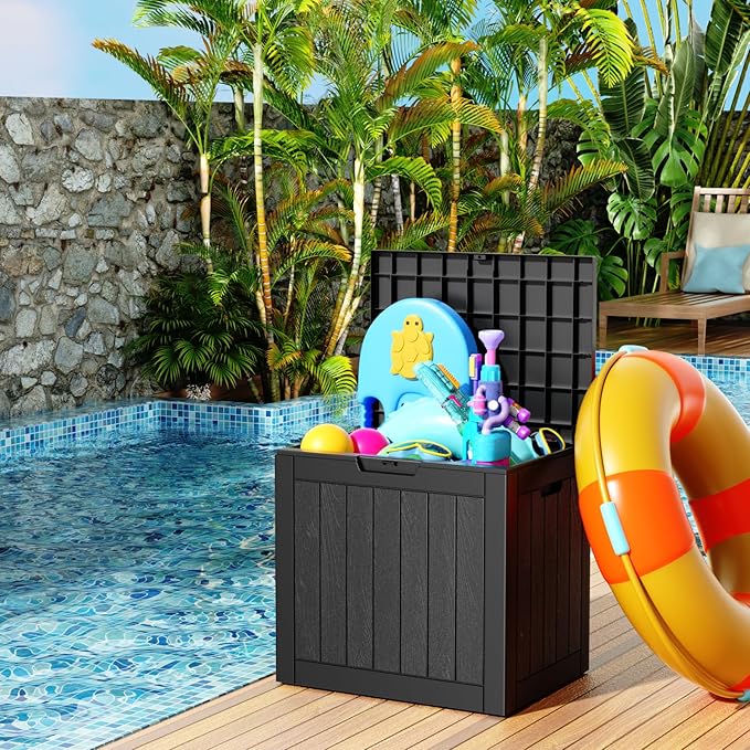 31 Gallon Resin Deck Box, Lockable Patio Outdoor Storage Box for Furniture, Garden Tools and Tools Storage, Waterproof Outside Storage Boxes - Black