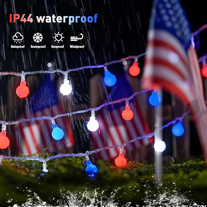 JMEXSUSS Connectable Red White and Blue Lights Indoor Outdoor, 100 LED 33ft 4th of July Decorations Light Plug in, 8 Modes Globe String Lights with Remote for Independence Day Party Patriotic Decor