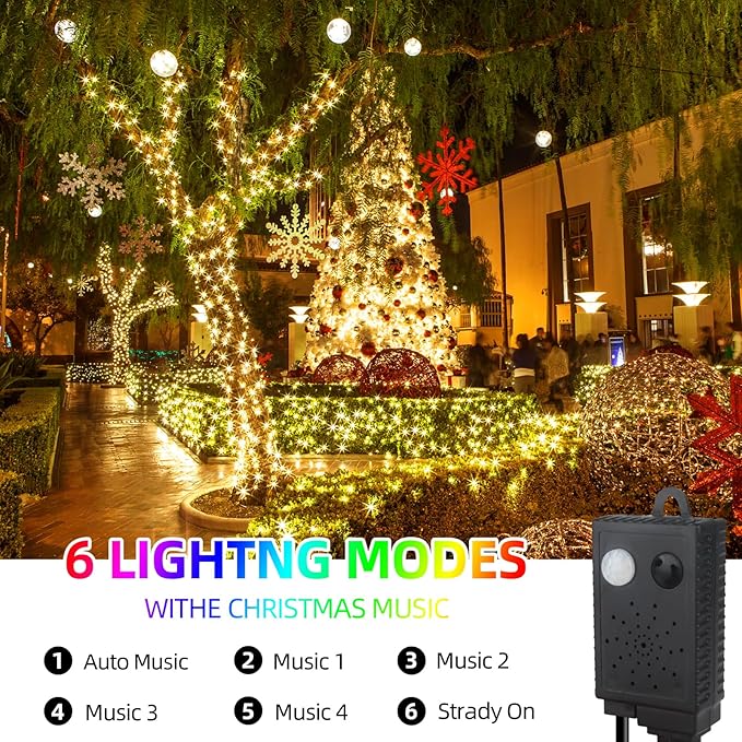 Music Motion Sensor Christmas String Lights 105ft 300 LED, Warm White Christmas Tree Light，End to End Plug In 6 Modes Christmas Lights, Waterproof for Indoor Outdoor Tree Party Yard Room Decor