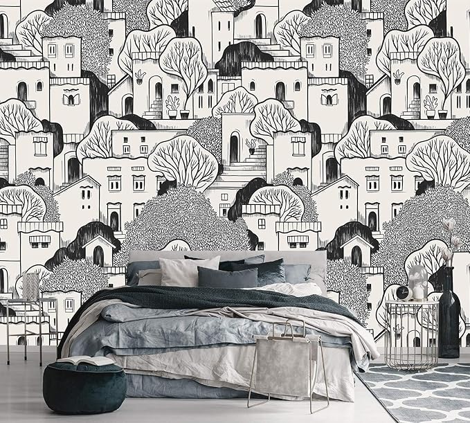 AFZEVEB-Black House with Trees Nursery Wallpaper murals for Bedroom 136"x96" (Not Peel and Stick)