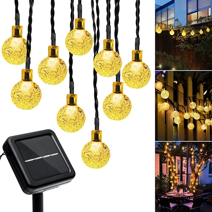 Outdoor Solar String Lights, 46FT 66LED 8Modes Crystal Solar Powered Christmas Fairy String Lights Waterproof for Outside Yard Fence Easter Holiday Party Porch Garden Decor(Warm White)