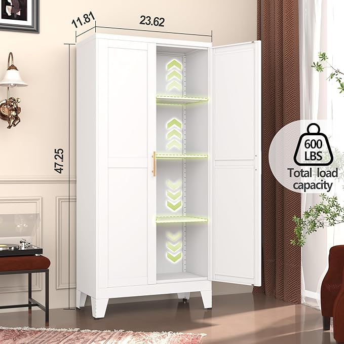 Metal Pantry Cabinet, Kitchen Pantry Storage Cabinets with 2 Door and 3 Adjustable Shelves, White Kitchen Pantry Cabinet, Freestanding Cupboard for Dining Room Living Room Bathroom