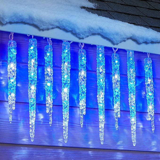 Minetom Icicle Lights Outdoor with Clips, 20ft 100 LED 20 Tubes Twinkling Icicle Strings Connectable Waterproof Hanging Christmas Lights Plug in for Eave Outdoor, Blue and White