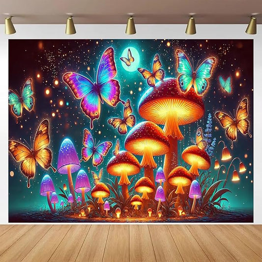 BlissYard Glowing Butterflies Mushroom Forest UV Black Light Tapestry 78x59 Inches Art Color Neon Light Background Bedroom Living Room Wall Party Decoration Fantasy Fungi Insect Magic Garden Scene