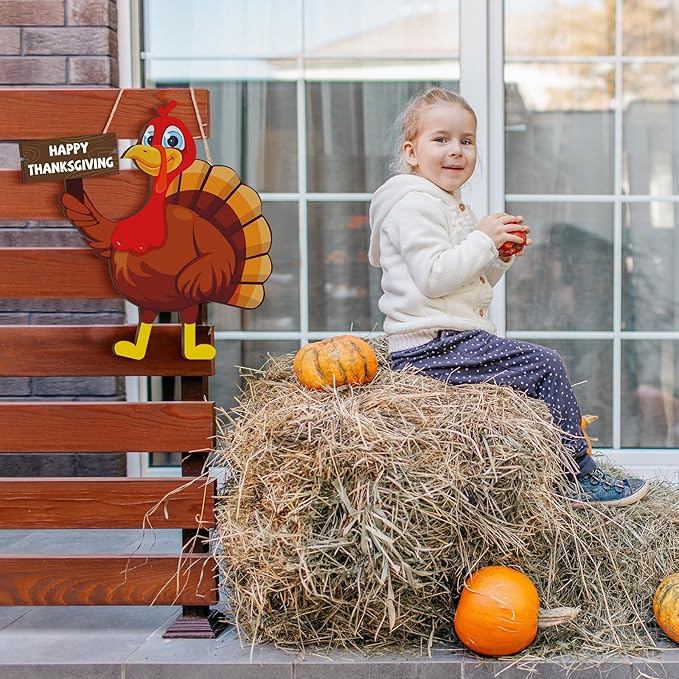 Jetec Happy Thanksgiving Turkey Door Sign Decor Wooden Turkey Sign Wall Art Hanging Rustic Plaque for Autumn Fall Thanksgiving Day Front Door Porch Home Decoration