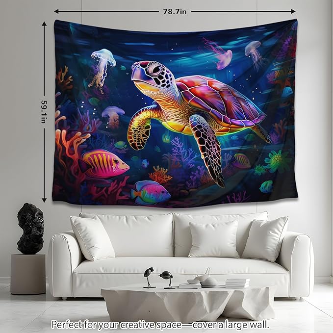QGHOT Turtle Tapestry, Blacklight Ocean Tapestry Wall Hanging Undersea Black Light Poster for Kids Glow in the Dark for Bedroom Children Toddler Room Decor 80x60in
