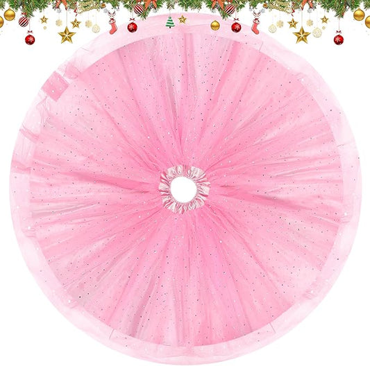Christmas Wedding Tree Skirt,45 inch 4-Layer Fluffy Romantic Pleated Sparkly Skirt Decoration Xmas Tree Ornament for Holiday and Party(Pink)