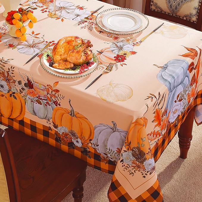 SASTYBALE Thanksgiving Tablecloths for Rectangle Tables 60 x 84 Inch Pumpkins Tablecloth with Checkered, Vintage Farmhouse Spill-Proof Fabric Table Covers for Autumn Harvest & Fall Decor, Orange