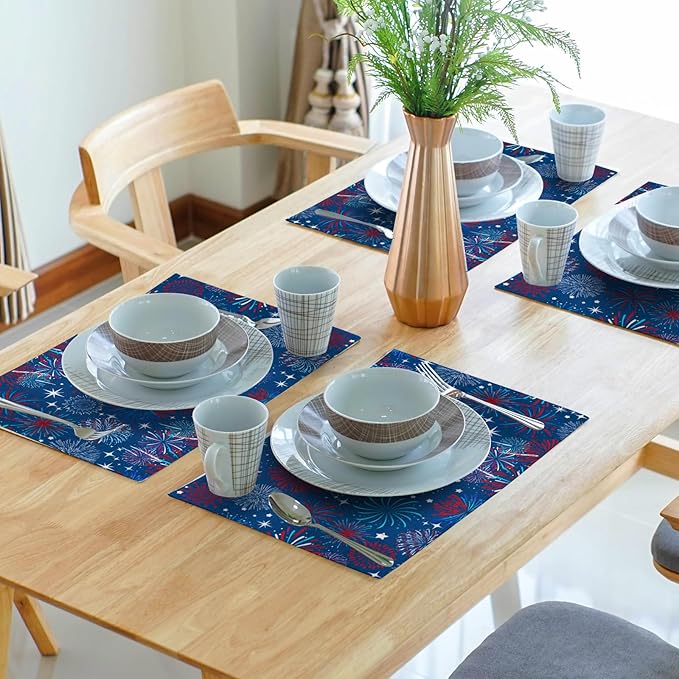 4th of July Placemats Set of 4 Patriotic Red and Blue Fireworks Washable Non-Slip Heat Resistant Place Mats 12x18 Inch Memorial Day Independence Day Table Mats
