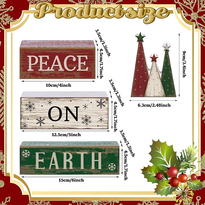 4 Pcs Christmas Table Decoration Wooden Christmas Tree Sign Winter Tiered Tray Decor Decorative Red Green and White Tree Block Signs Xmas Table Centerpiece Farmhouse Decor for Home Kitchen