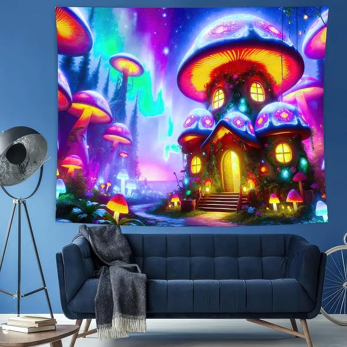 BlissYard Black Light Tapestry Uv Reactive Tapestry Glow Tapestry 78x59 Inches Enchanted Mushroom Village Wall Hanging, Fluorescent Art Decor with Glowing Mushrooms, Forest, and Fantasy Elements