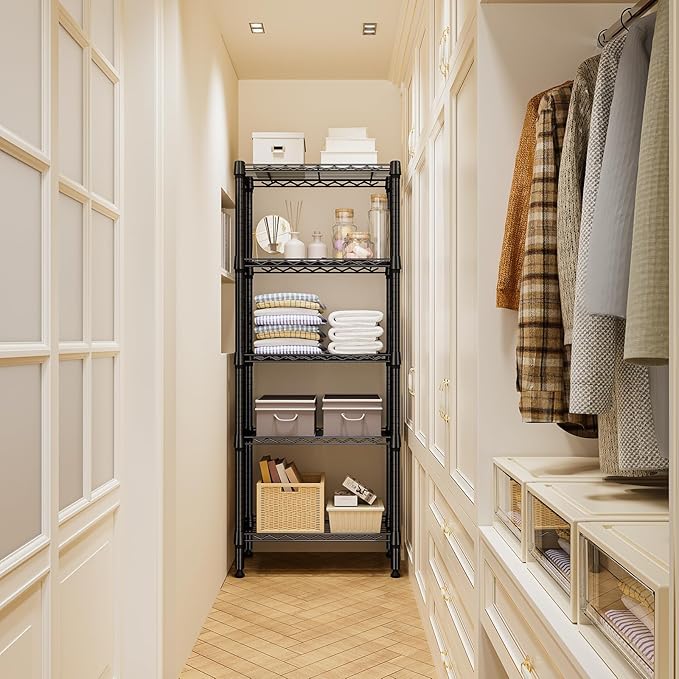 1250 lbs 5 Tier Shelf Metal Storage Shelves Wire Rack Closet Organizers for Garage Kitchen Bathroom Laundry Black 11.8" D x 23.6" W x 59.5" H