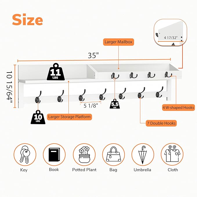 AMBIRD 35 inch Coat Rack Wall Mount, Extra Long Coat Hooks Wall Mount, Entryway Shelf with 7 Dual Coat Hooks 4 Key Hooks Mail Organizer, Wooden Wall Coat Rack with Hooks, Key Holder Rack (White)