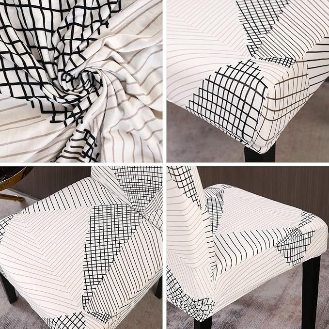 JQinHome White Chair Covers for Dining Room Set of 6, High Stretch Removable Washable Parsons Chair Slipcover for Home Party Hotel Wedding Ceremony (6PCS, Geometric)