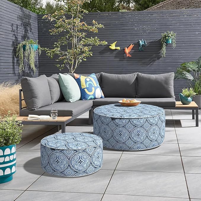 Inflatable Ottoman Stool D31 xH14 for Outdoor/Indoor Use, Water Repellent Patio Foot Rest Stool with Portable Handle,Round Pouf Ottoman Suitable for Garden,Deck and Camping - Medallion Blue