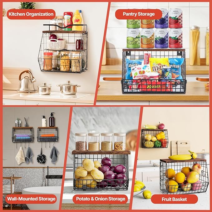 2 Pack Fruit Bowl Hanging Fruit Basket for Kitchen Counter ,Stackable Wire Baskets for Onion Storage and Potato Storage with Wood Lid,Vegetable Fruit Basket with Banana Hooks