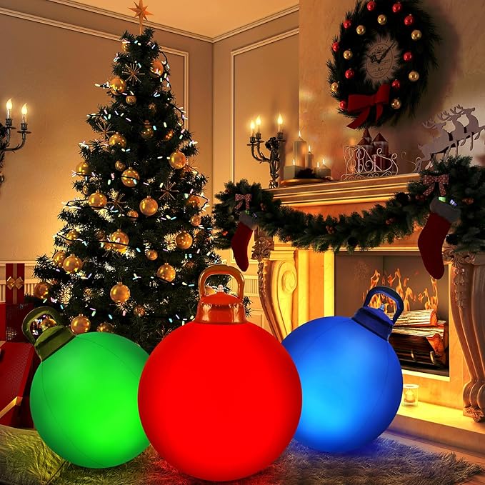 Jetec 3 Pcs Outdoor Light Up Christmas Ball Decorations Large Christmas Inflatable PVC Decorated Balls with Light 24 Inch,18 Inch Xmas Ornaments for Yard Lawn Porch(Red, Blue, Green)