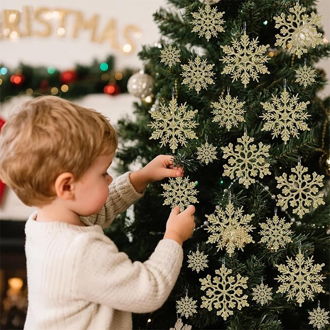 Christmas Tree Decorations Snowflake Ornaments, 36Pcs Glitter Gold Plastic Hanging Snowflakes from Ceiling Snow Flakes Decorating Hanging for Winter Wonderland Decorations Indoor Outdoor Decor