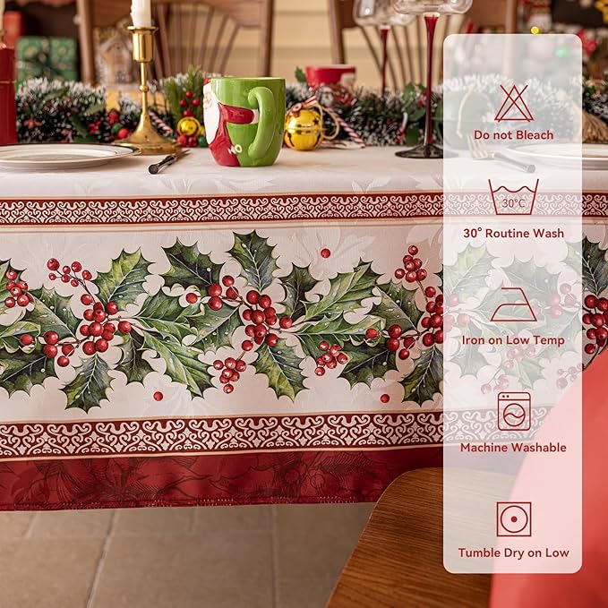 Softalker Christmas Jacquard Rectangle Tablecloth, Winter Vintage Holly Waterproof Table Cloth, Xmas Farmhouse Fabric Table Cover for Holiday, Dining, Party Decor, DHHolly 60 x 144 Inch
