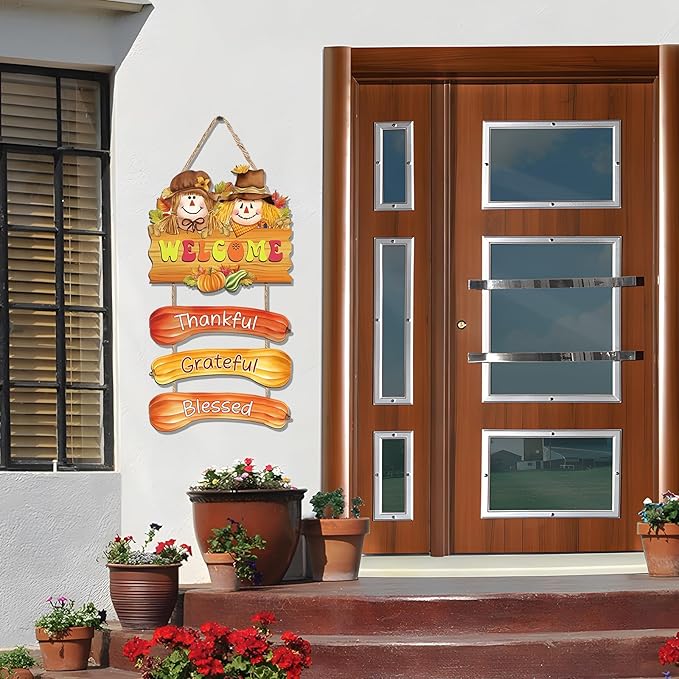 BWFY Fall Decorations for Home Thanksgiving Signs Autumn Home Decor Wooden Farmhouse Thanksgiving Decoration Indoor Harvest Sign Door Hanger for Outdoor Farmhouse Porch Front Door