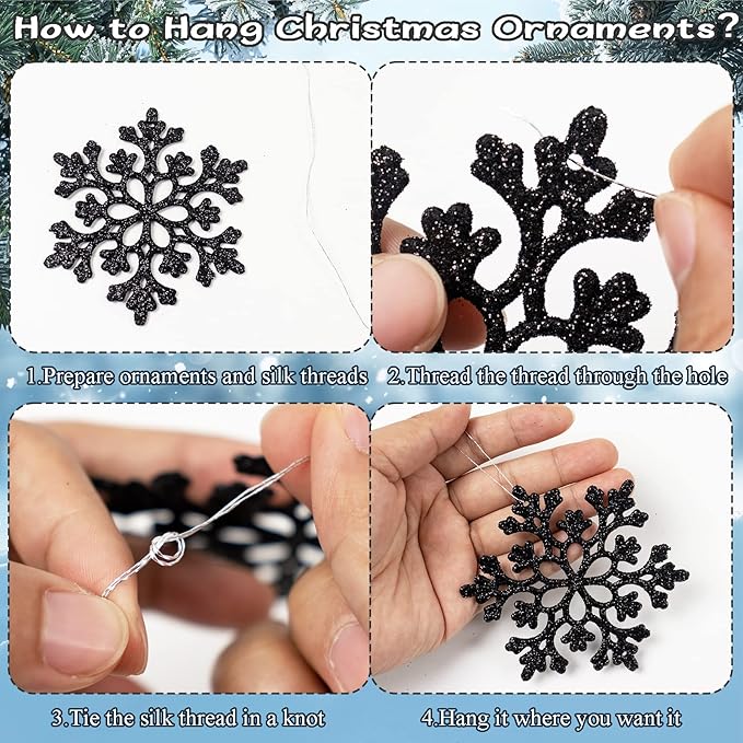 36pcs Black Christmas Snowflake Ornaments, Plastic Glitter Hanging Snow Flakes for Christmas Tree Decorations Winter Wonderland Frozen Birthday Party Holiday Home Decor Craft Snowflakes