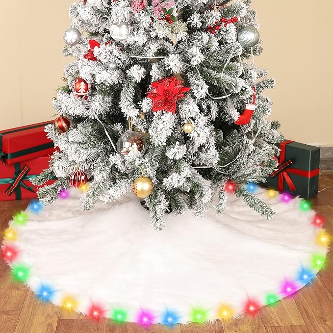 48 Inch Faux Fur Christmas Tree Skirt with Lights Soft Snow White Plush Tree Mat Christmas Decorations Fluffy Tree Skirts Xmas Holiday Party Indoor Decorations
