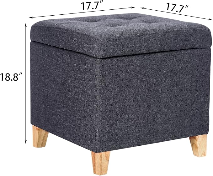 Adeco Fabric Storage Ottoman Bench with Solid Wood Legs, 17.7" Square Dark Grey Cotton Linen Cube Foot Stool, Upholstered Button Tufted Vanity Chair with Hinged Lid for Living Room, Bedroom, Dorm