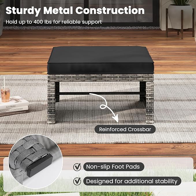 Tangkula 2 Pieces Patio PE Rattan Ottomans, Multipurpose Outdoor Footstool Footrest Additional Seating Side Table with Soft Zippered Cushions for Deck, Garden, and Yard (Black)