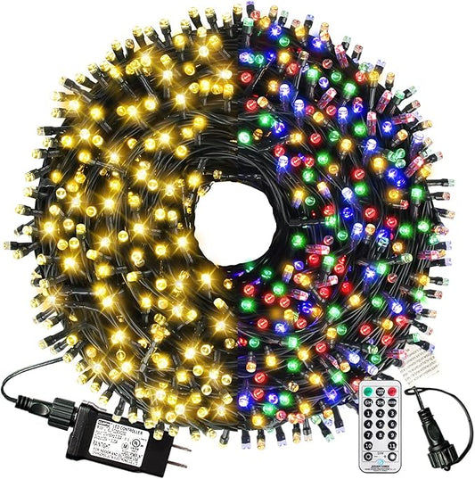 XTF2015 Christmas Outdoor Indoor Lights, 105ft 300 LED End to End Connected 9 Modes Timer Remote Christmas String Lights for Trees, Patio, Garden, Party, Wedding, Holiday (Warm White + Multicolor)