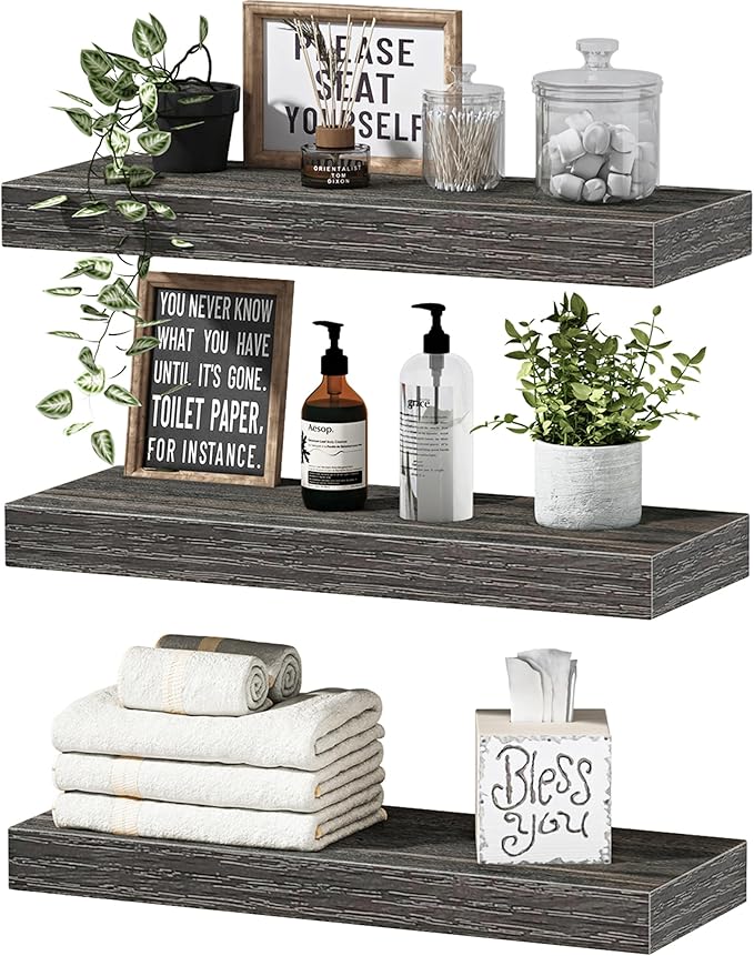 QEEIG Floating Shelves for Wall Bathroom Shelf Bedroom Kitchen Living Room Hanging Book Shelves Small Farmhouse Decor 16 inch Set of 3, Grey (015-GY3)