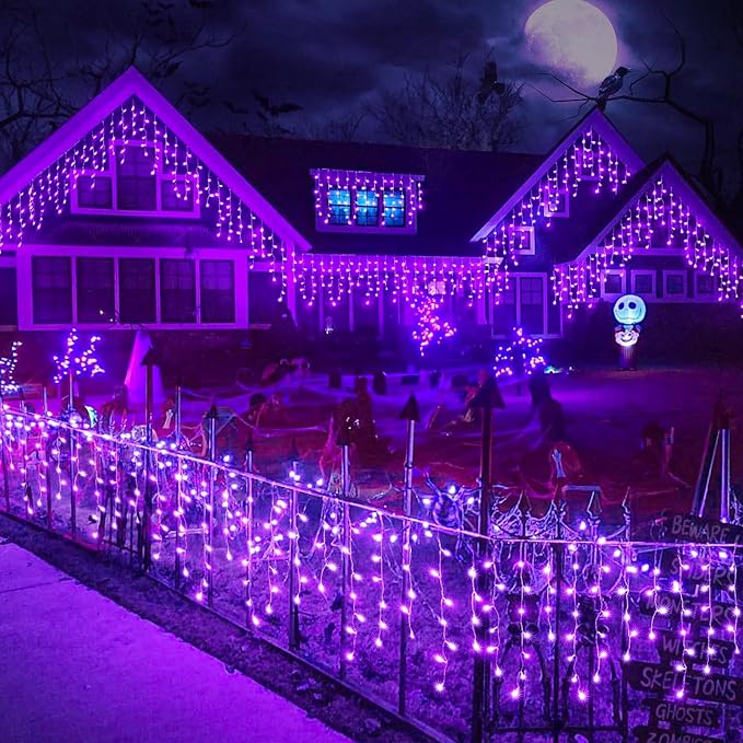 Halloween Lights Outdoor, 33FT 400 LED Purple Icicle Lights for Outside with Waterproof 8 Modes, Plug in Connectable Curtain Twinkle Light for Indoor Bedroom Patio Yard Party Holiday Decorations