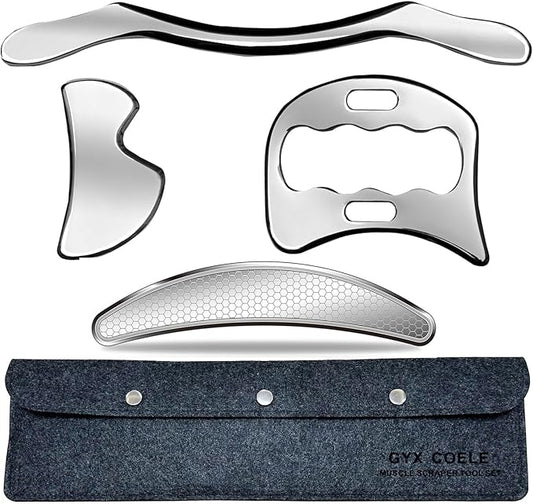 4 in 1 Muscle Scraper Stainless Steel Gua Sha Massage Tool Set with Bag,IASTM Scraping Tools for Muscle Treatment