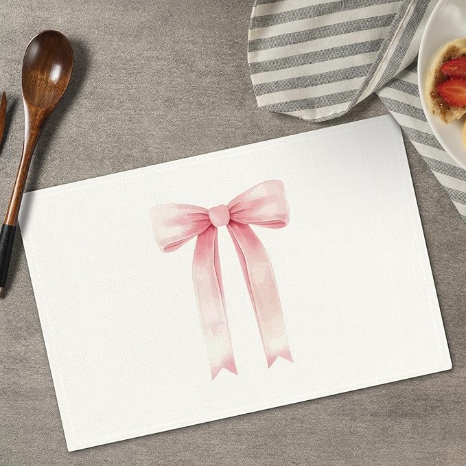 Pink Bow Placemats Set of 4, Table Mat for Home Kitchen, Restaurants, Outdoor Linen Washable Place Mats 12x18 inch Party Event Dining Decoration-05